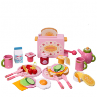 Children in a family simulation kitchen kitchenware strawberry toaster toaster set look over educational wooden toys